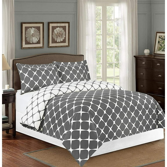 3-Piece Milano Trellis Pattern 2-Tone Printed Reversible Duvet Cover Set