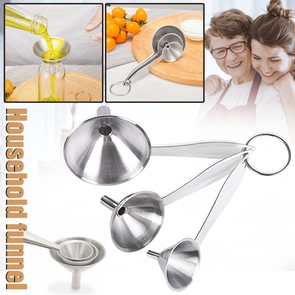 3-Piece Mini Stainless Steel Funnel Set with Long Handle & Vent Stem, For Transferring Liquids, Oils, Spices, or Dry Goods, Kitchen Dining Bar Tool, White, By Harlik