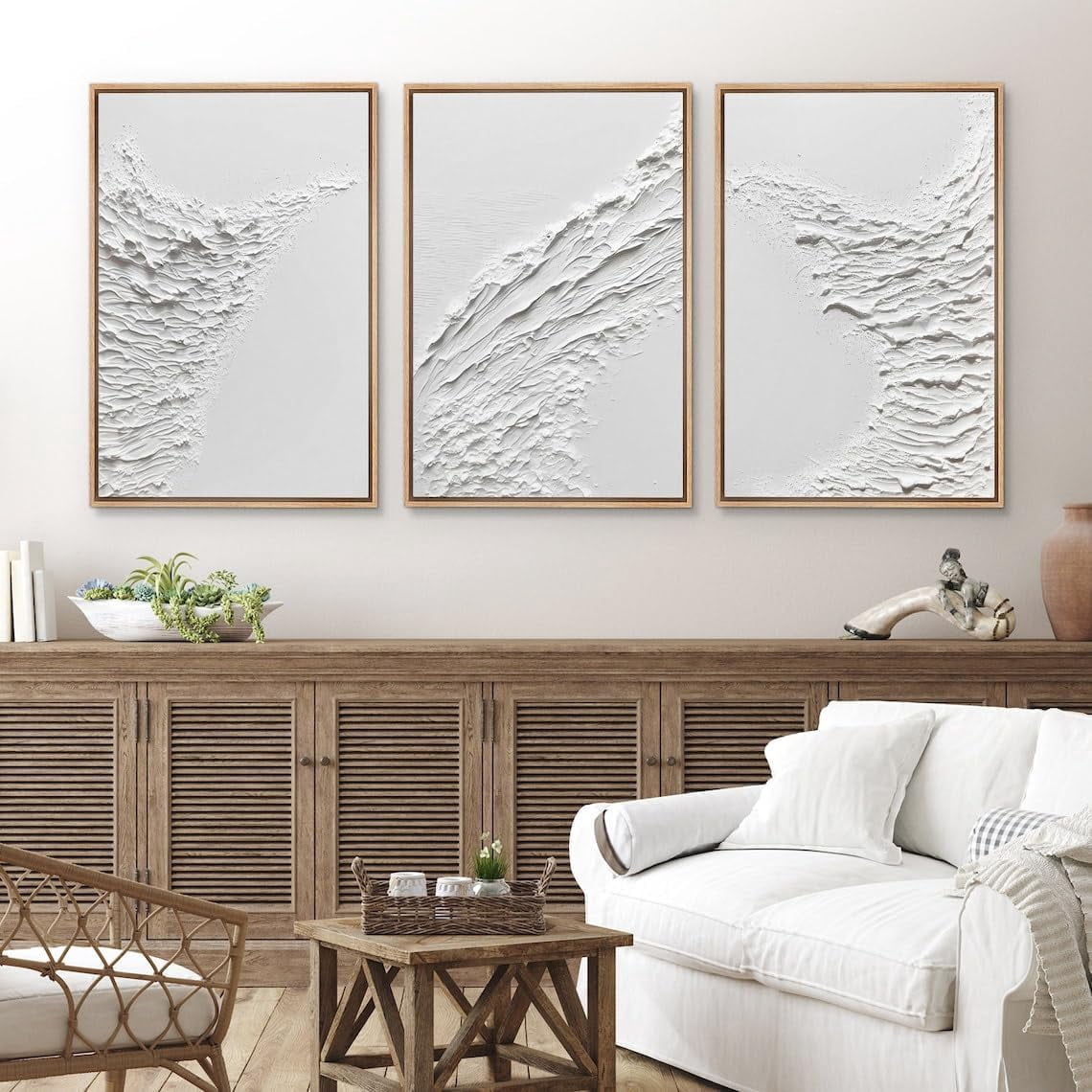3 Piece Minimalist Canvas Wall Art White Textured Effect Abstract Picture Print Artwork for Bedroom Living Room Modern Painting Home Farmhouse Decoration with Inner Frame