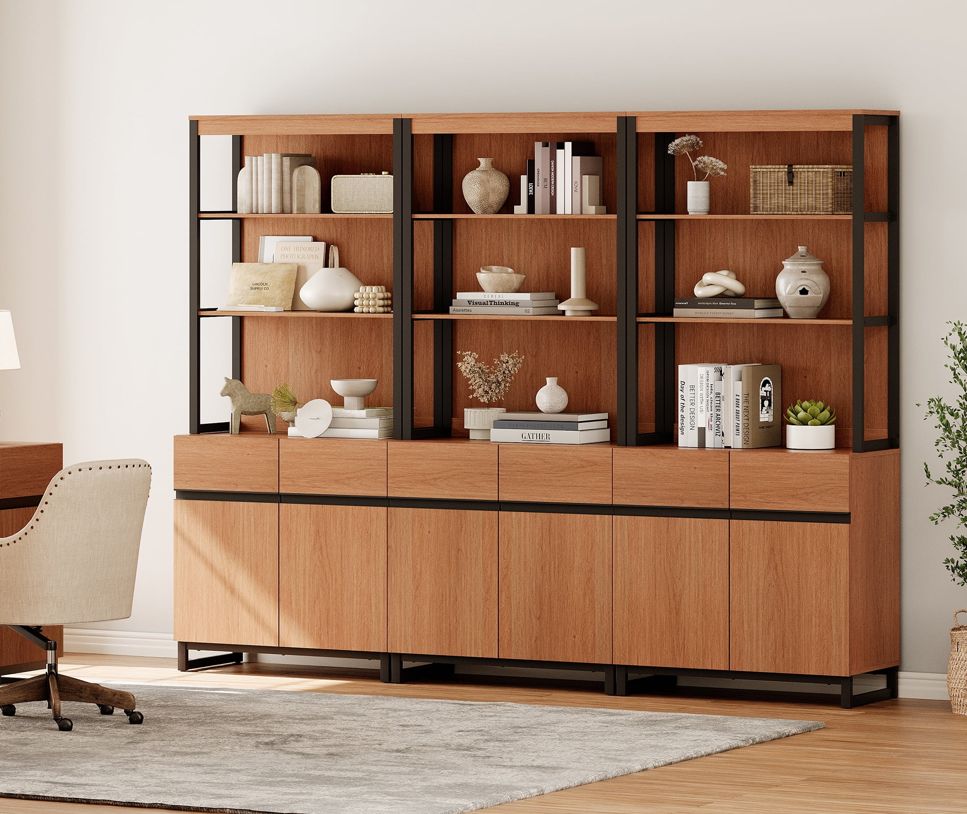3-Piece Modern 72" Tall Library Bookcases with Metal Base & Adjustable Shelves, Wood Bookshelves with Storage Cabinet & Open Shelves for Home Office & Living Room, Mocha