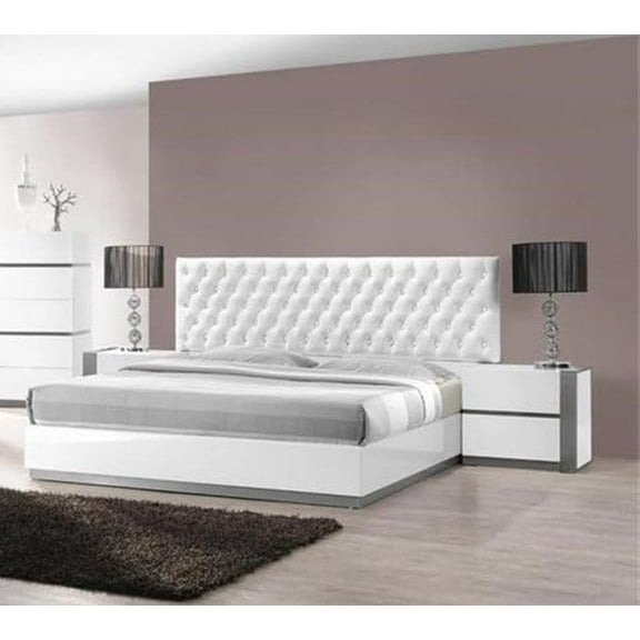 3-Piece Modern Bedroom Furniture Set, California King Platform Bed with 2x Nightstand, White Lacquer Finish