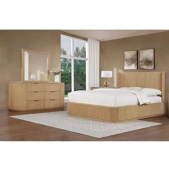3-Piece Modern Bedroom Set California King Platform Bed with Dresser and Mirror, Solid Wood Fluted Design, Light Oak