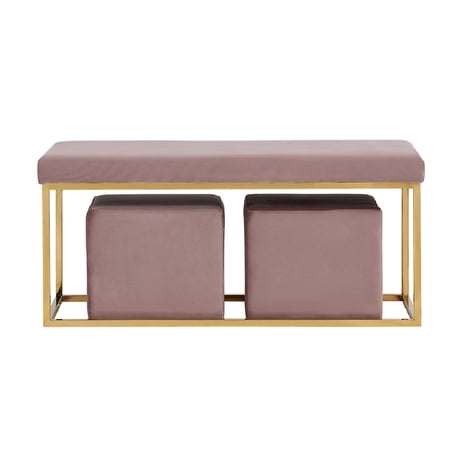 3 Piece Modern Bench Seating Set, 2 Ottomans, Velvet, Purple- Saltoro Sherpi