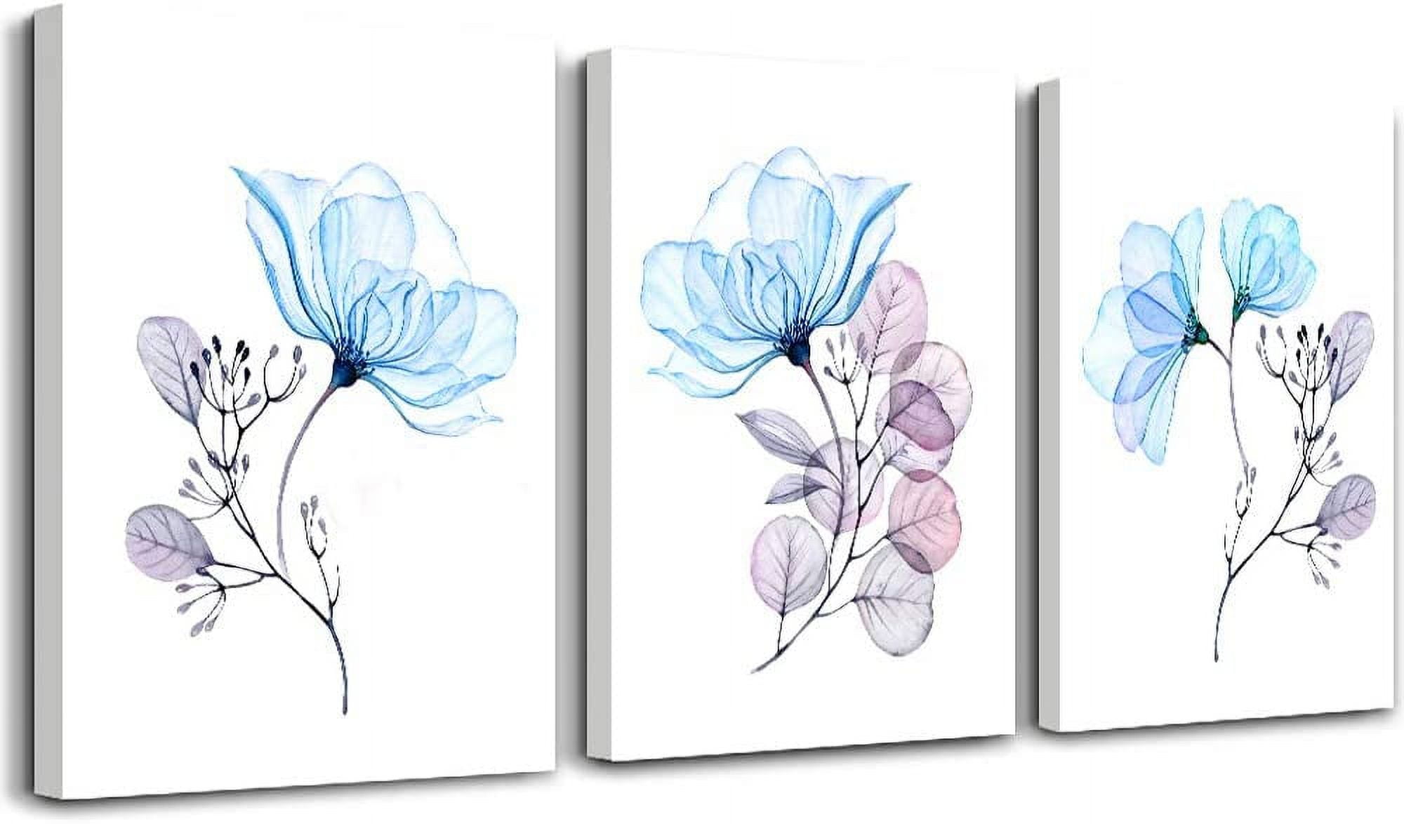 3 Piece Modern Blue Flowers Canvas Wall Art for Bedroom Living Room ...