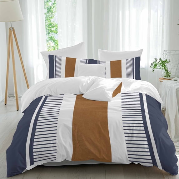 3 Piece Modern Brown Blue Duvet Cover Set Queen Size,Microfiber Comforter/Quilt Cover with Corner Ties and 2 Pillowcases,Boho Contemporary Geometric Striped All Season Bedding with Zipper Closure