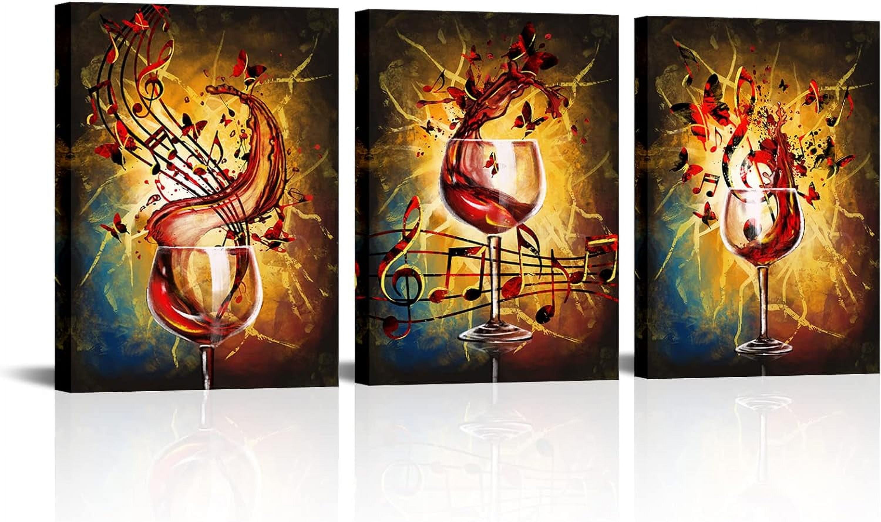 3 Piece Modern Canvas Wall Art Romantic Red Wine Splash Painting for Kitchen Dining Room Pub Bar Wall Decor Wine Glass Music Notes Picture Print Contemporary Art 12x16inchx3pcs