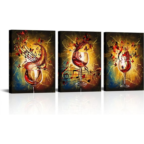 3 Piece Modern Canvas Wall Art Romantic Red Wine Splash Painting for Kitchen Dining Room Pub Bar Wall Decor Wine Glass Music Notes Picture Print Contemporary Art 12x16inchx3pcs