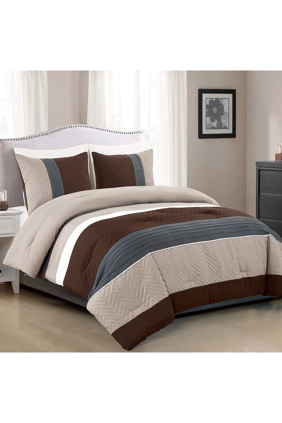 3 Piece Modern Design King Comforter Set. Multicolor Grey/Coffee Brown/Beige Taupe Color All Season Down Alternative Bedding Decor- Leni