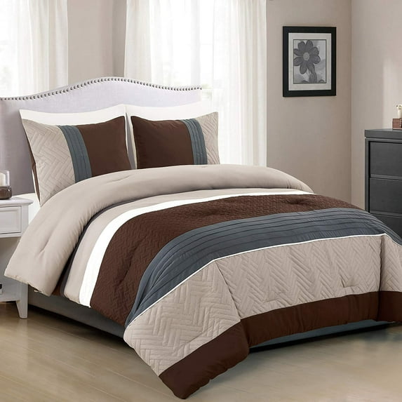 3 Piece Modern Design Queen Comforter Set. Multicolor Grey/Coffee Brown/Beige Taupe Color All Season Down Alternative Bedding Decor- Leni