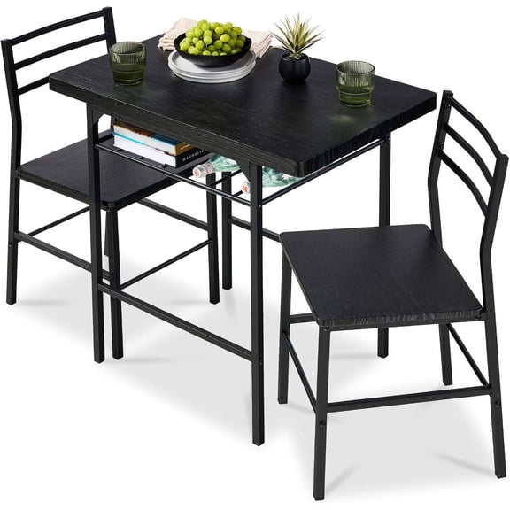 3-Piece Modern Dining Set, Space Saving Dinette for Kitchen, Dining Room, Small Space w/Steel Frame, -in Storage Rack - Black/Black