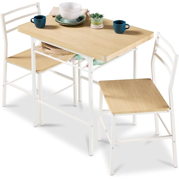 3-Piece Modern Dining Set, Space Saving Dinette for Kitchen, Dining Room, Small Space w/Steel Frame, -in Storage Rack - Natural/White