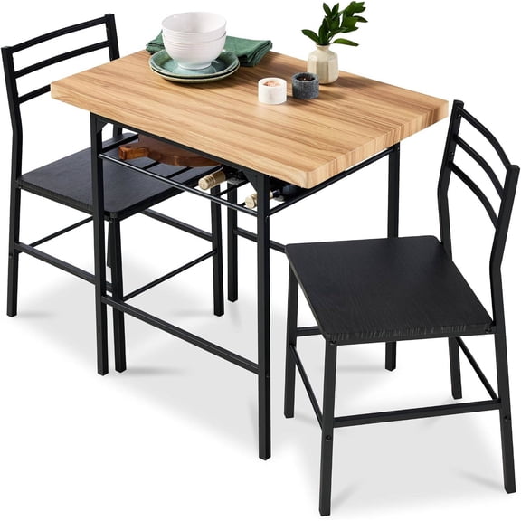 3-Piece Modern Dining Set, Space Saving Dinette for Kitchen, Dining Room, Small Space w/Steel Frame, -in Storage Rack - Oak/Black