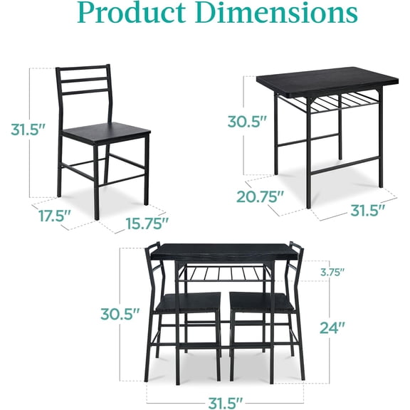 3-Piece Modern Dining Set Space Saving Dinette for Kitchen Small Space w/Steel Frame Built-in Storage Rack Black