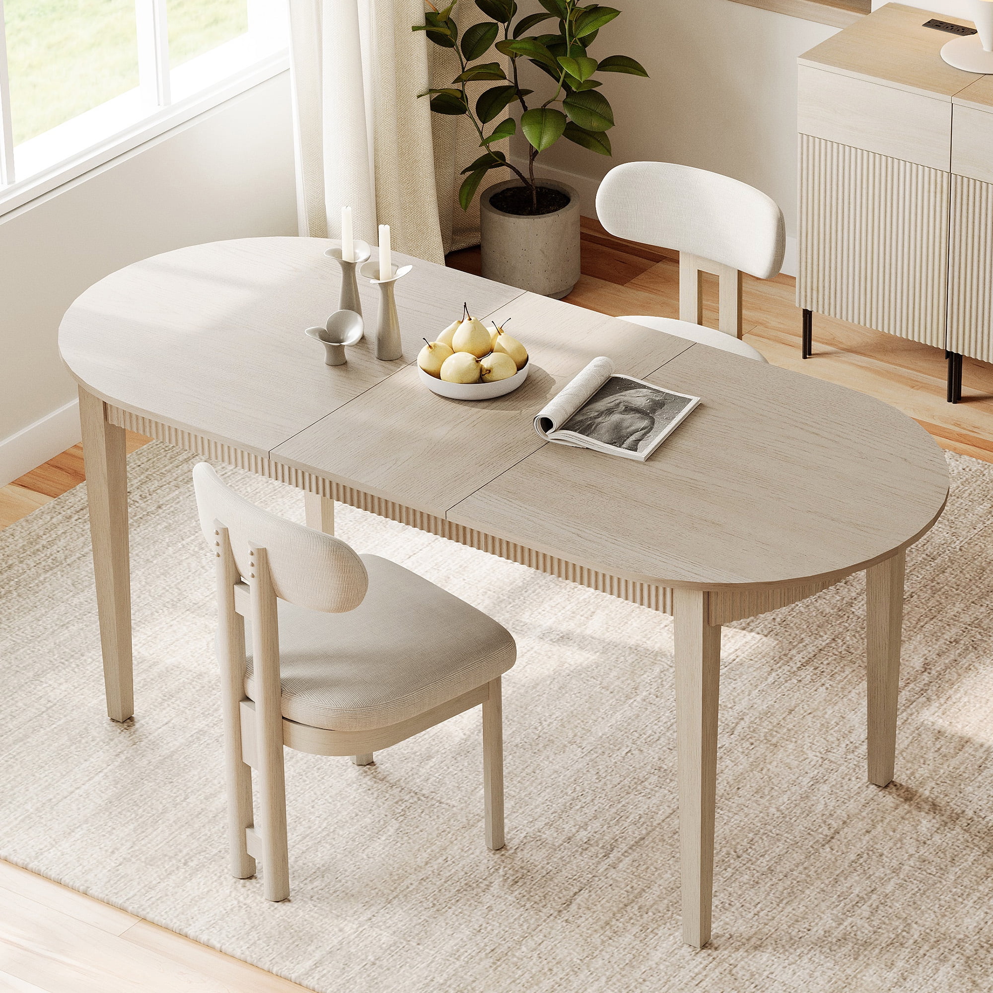 3 Piece Modern Dining Table Set, 73" Solid Wood Oval Dining Table with 2 Polyester Chairs, Dining Set with Fluted Apron for Kitchen & Dining Room