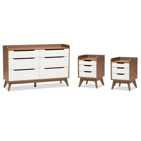 Home Square 3 Piece Modern Dresser and Nightstand Set in White and Walnut