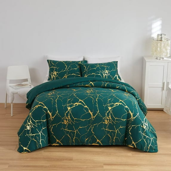 3 Piece Modern Duvet Cover Set Luxe Brushed Flannel Bedding with Metallic Foil Prints Twin Size Duvet Cover with 2 Pillowcase, Green