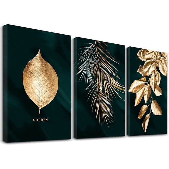 3 Piece Modern Gold Botanical Wall Art for Bathrooms Living Room Bedroom Wall Decor Green Plant Canvas Printed Pictures, Multi Panel Framed Nature Artwork Ready to Hang, 12" x 16" x 3…