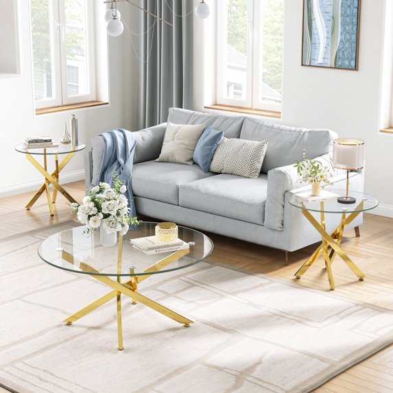 3-Piece Modern Living Room Set-35.43" Round Glass Coffee Table & 23.62" End Tables, Stainless Steel Base & Tempered Safety Glass Top, Sleek Set for Home, Apartment, Office