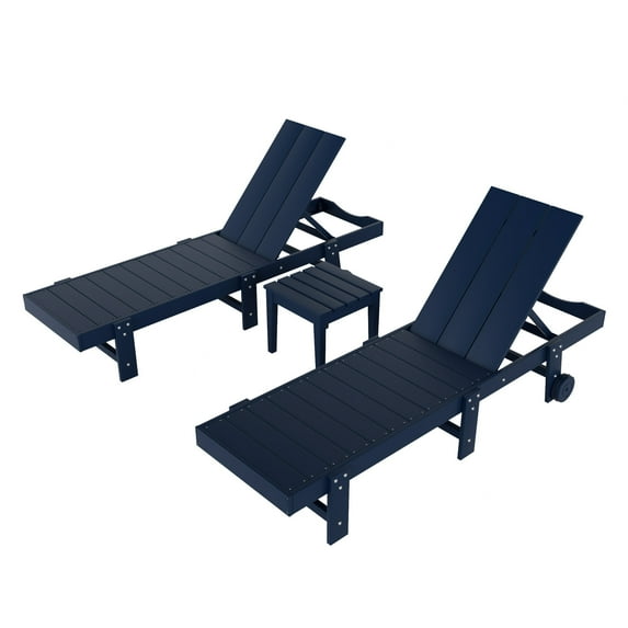 3 Piece Modern Poly Reclining Chaise Lounge With Wheels, Navy Blue