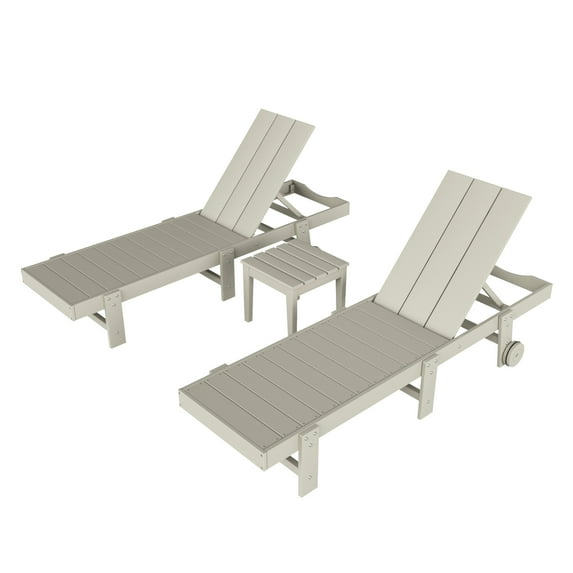 3 Piece Modern Poly Reclining Chaise Lounge With Wheels, Sand
