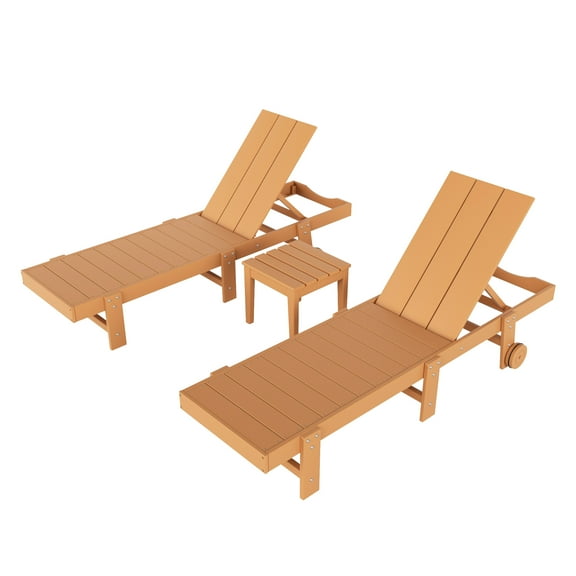 3 Piece Modern Poly Reclining Chaise Lounge With Wheels, Teak