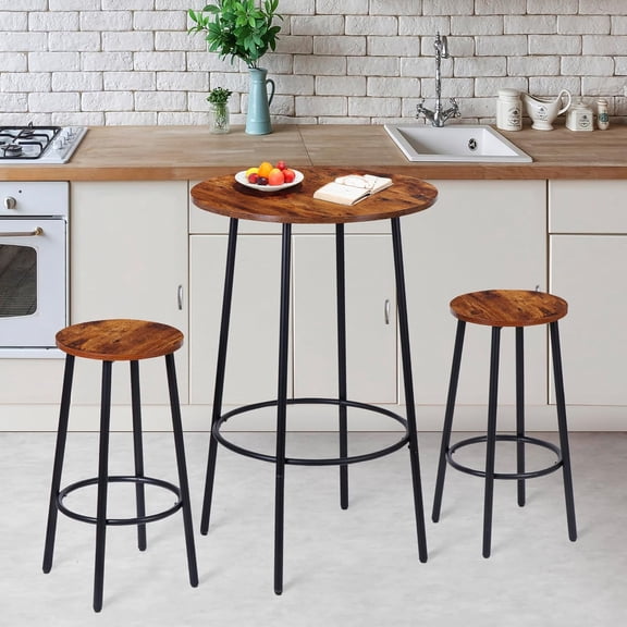 3 Piece Modern Pub Dining Set for 2, Compact Round Counter Height Bar Table w Bar Stools Steel Frame for Kitchen Nook Small Space,Rustic Brown