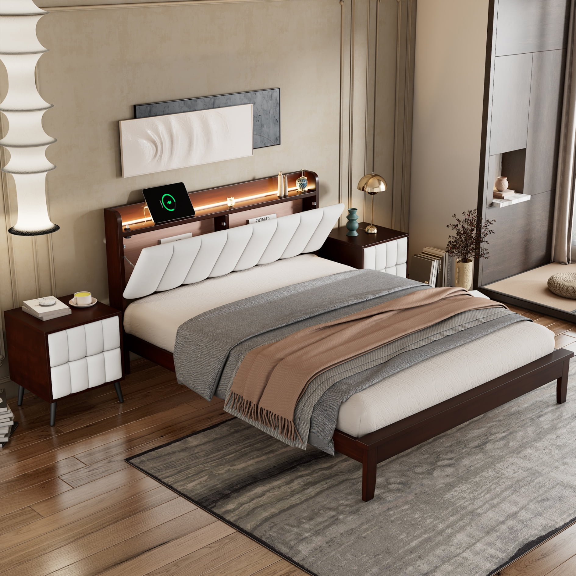 3Piece Modern Queen Platform Bed with 2 Nightstands, LED Bed Frame