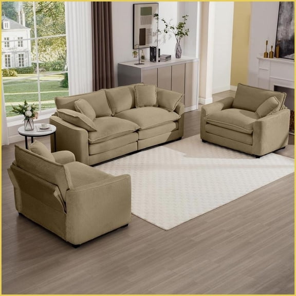 3-Piece Modern Retro Corduroy Sofa Set | 2-Seater + 2 Single | Beige | Square Arms | Comfortable for Home Theater & Living Room