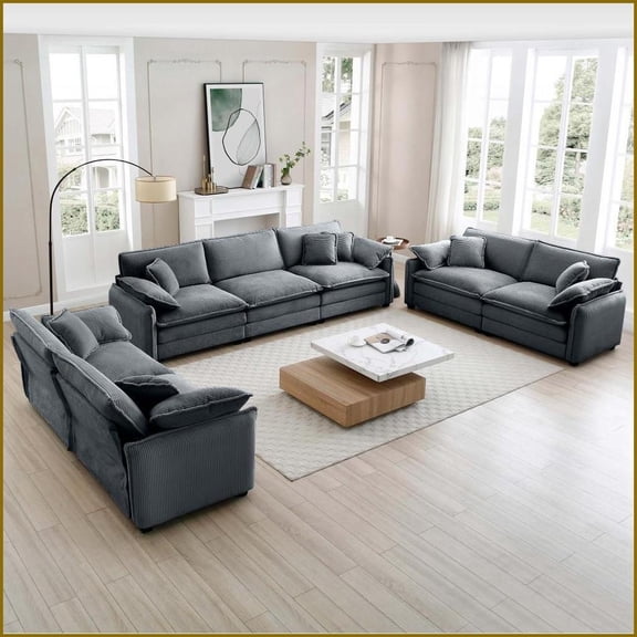3-Piece Modern Retro Living Room Sofa Set 2x 2-Seater + 1x 3-Seater Plush Corduroy Deep Seat | Gray | Corduroy | Cushion Back
