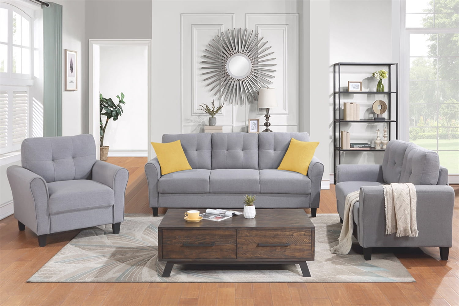 3 Piece Linen Fabric Modern Sectional Living Room Set with Sofa ...