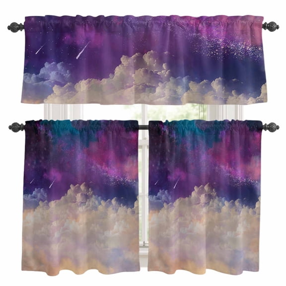 3 Piece Modern Sky Kitchen Curtain Valance and Tiers Set Meteor Purple and White Rod Pocket Tier Curtain 24 Inch Small Window Drapes for Living Room Bedroom Cafe Home Decor