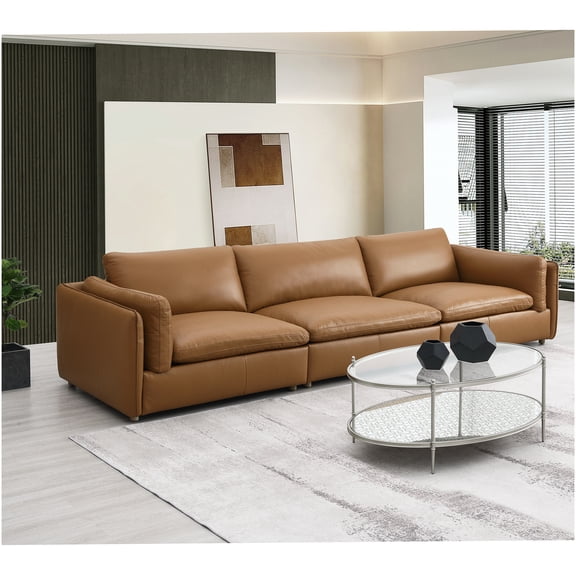 3-Piece Modular Leather Sectional Sofa in Rich Brown, Top Grain Upholstery