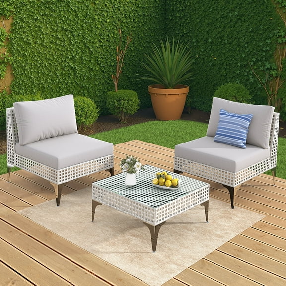 3-Piece Modular Patio Furniture Set with Fire Pit Table, Outdoor Sectional High Back Wicker Couch Set, Grey Cushions