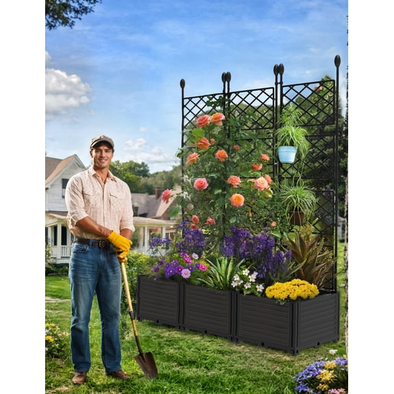 3-Piece Modular Raised Garden Bed with Sturdy Metal Trellis – Vertical Privacy Screen Planter Box for Climbing Plants, Vegetables, Flowers – Patio, Balcony, Backyard – Deepened 3 Sections