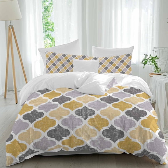 3 Piece Moroccan Duvet Cover Set Twin Size, Microfiber Comforter/Quilt Cover with Corner Ties and 2 Pillowcases, Vintage Moroccan Texture Yellow Grey All Season Soft Bedding with Zipper Closure