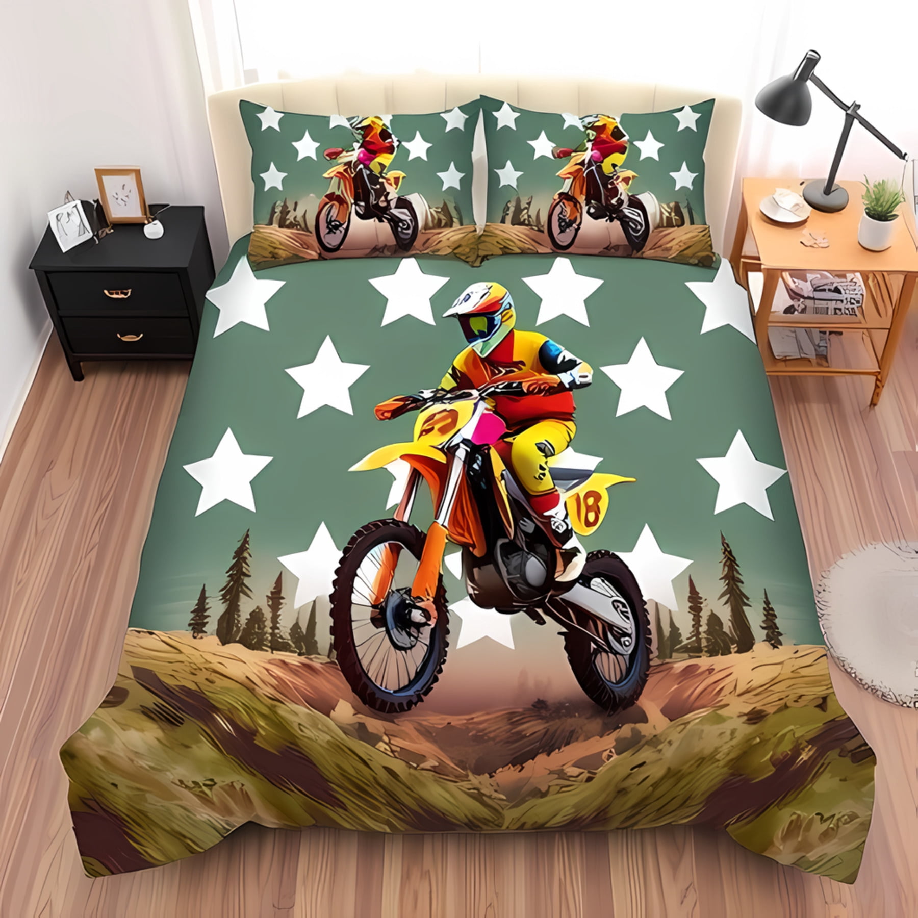 Rider Withe Star 3-Piece Motocross Duvet Cover Set - Vibrant Dirt Bike Riders with Stars ...
