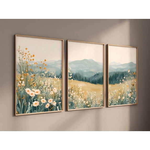 Trypyich 3 Piece Mountain Daisy Wildflower Landscape Poster Triptych Nursery ...