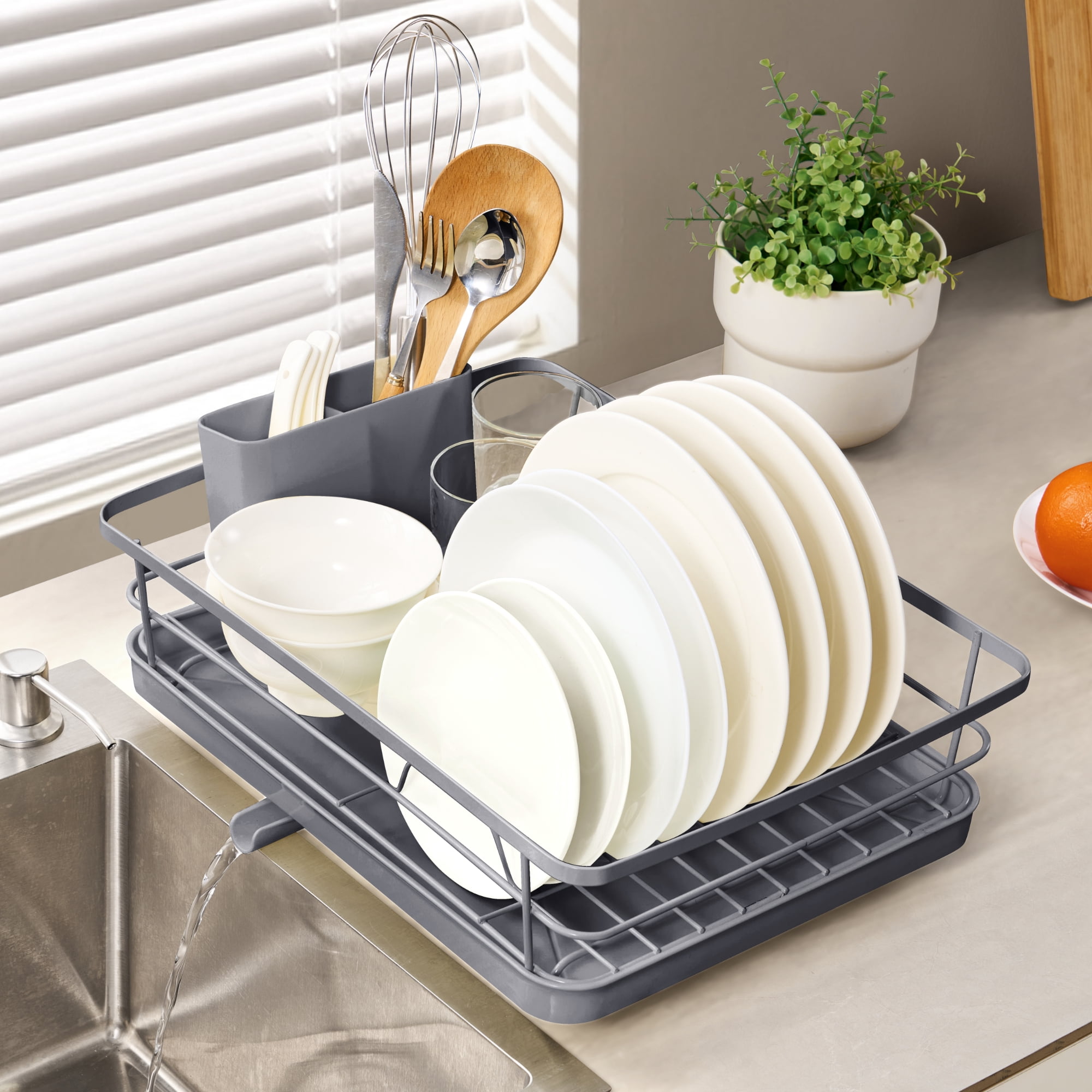 3-Piece Multi-Functional Dish Drying Rack with Drain Board & Utensil Holder, Gray