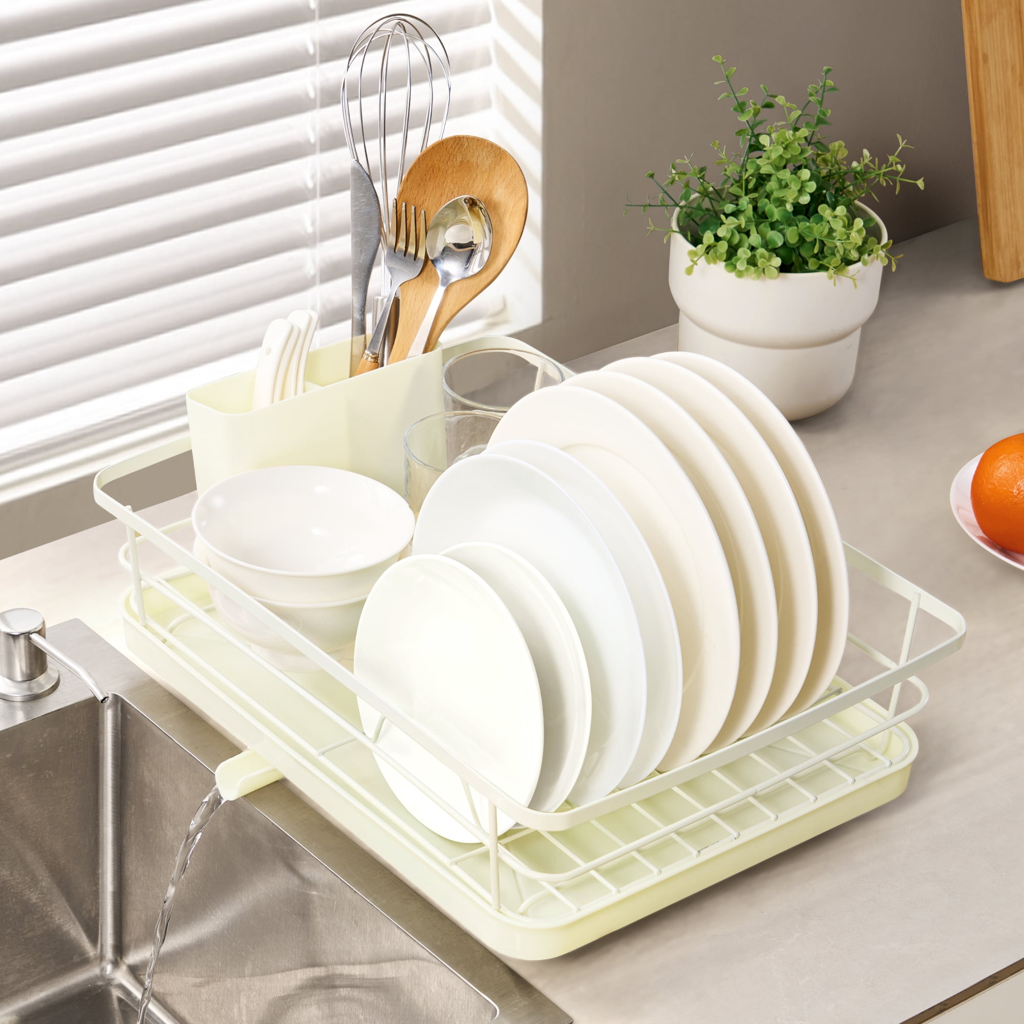 3-Piece Multi-Functional Dish Drying Rack with Drain Board & Utensil Holder, Ivory
