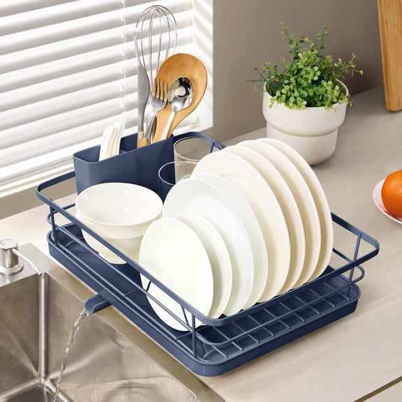 3-Piece Multi-Functional Dish Drying Rack with Drain Board & Utensil Holder, Navy Blue