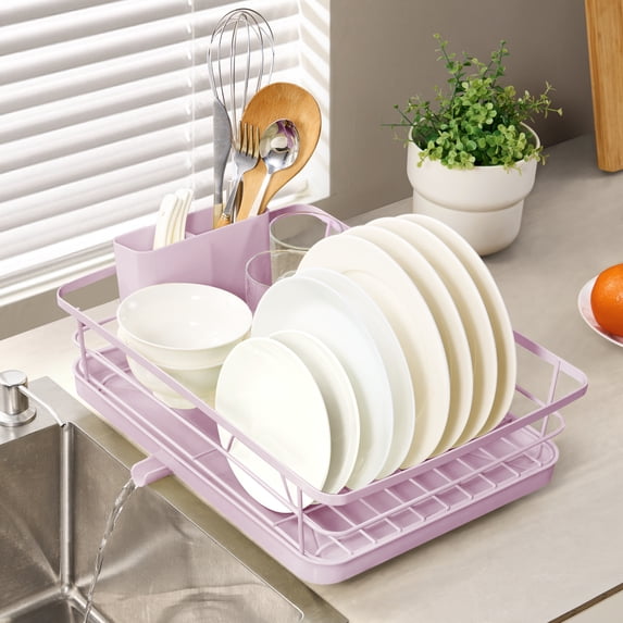 3-Piece Multi-Functional Dish Drying Rack with Drain Board & Utensil Holder, Pale Pink
