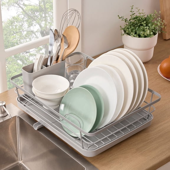 3-Piece Multi-Functional Dish Drying Rack with Drain Board & Utensil Holder, Silver