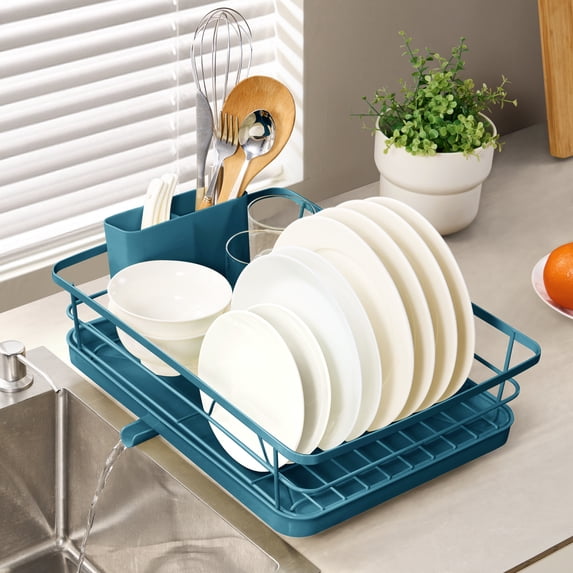 3-Piece Multi-Functional Dish Drying Rack with Drain Board & Utensil Holder, Teal