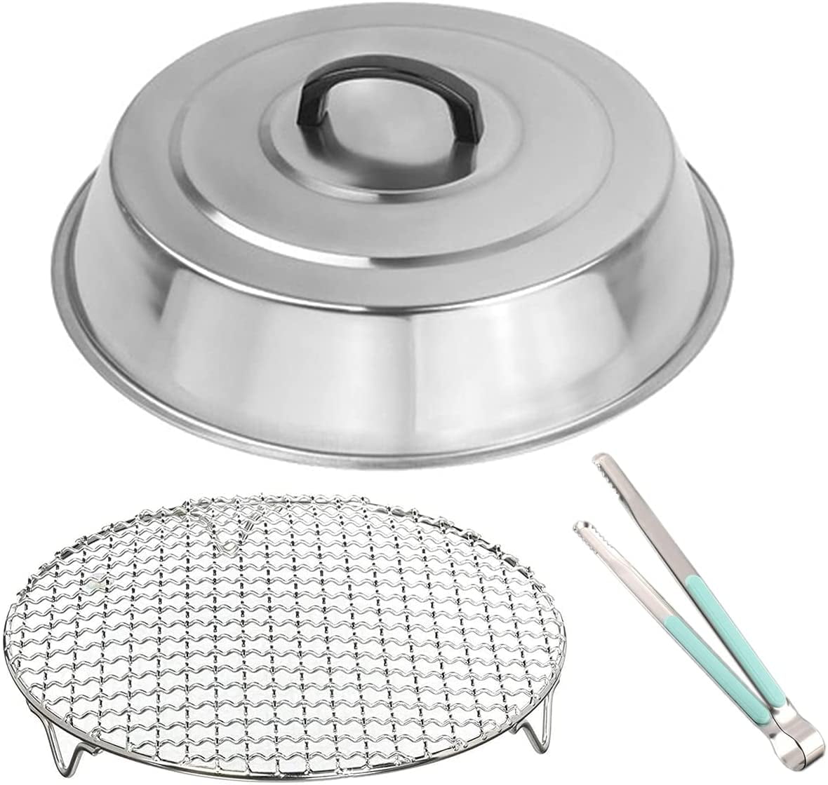 3-Piece Multi-Purpose 12 Inch Round Stainless Steel Basting Cover Dome and Cooling Wire Racks and BBQ Tong, Best for Blackstone Camp Chef Flat Top Griddle Grills Cooking