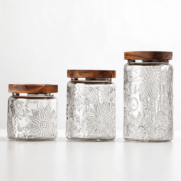 3 Piece Multi Size Airtight Glass Storage Containers Canisters for Pantry(17oz/24oz/34oz)