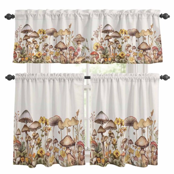 3 Piece Mushroom Retro Kitchen Curtain Valance and Tiers Set Floral Plant Leaves Rod Pocket Tier Curtain 24 Inch Small Window Drapes for Living Room Bedroom Cafe Home Decor