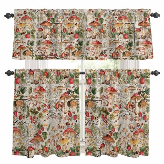 3 Piece Mushroom Spring Kitchen Curtain Valance and Tiers Set Floral Summer Plant Leaves Retro Rod Pocket Tier Curtain 24 Inch Small Window Drapes for Living Room Bedroom Cafe Home Decor