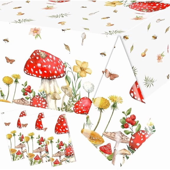 3 Piece Mushroom Tablecloths Rectangle Plastic Enchanted Forest Fairy Tale Woodland Table Covers for Party