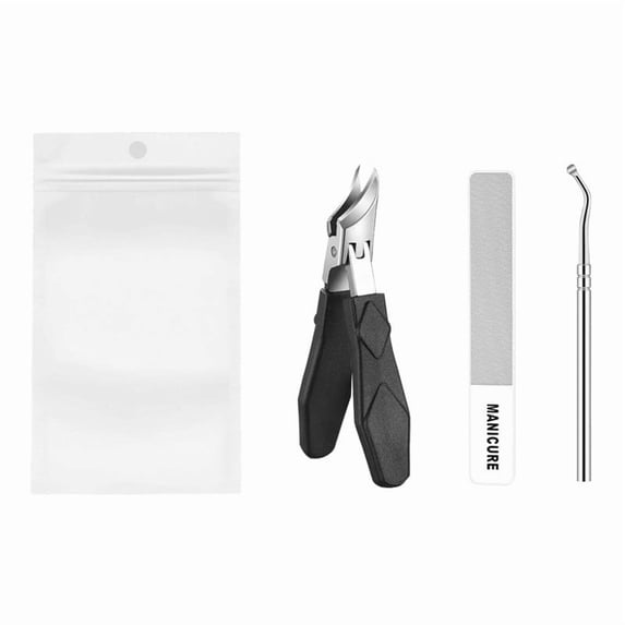 3 Piece Nail Care Kit, Stainless Steel Angled Nail Clipper for Thick Toenails with Nail File and Cleaner, Manicure Pedicure Set, Portable Grooming Tools