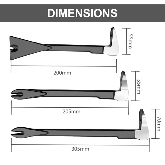 3-Piece Nail Puller Set 8" and 12" Pry Bar Chisel Scraper Tool
